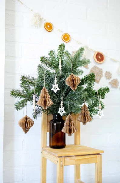 Brown Glass Jar Fir Branches Stands Wooden Chair Zero Waste — Fotografia de Stock