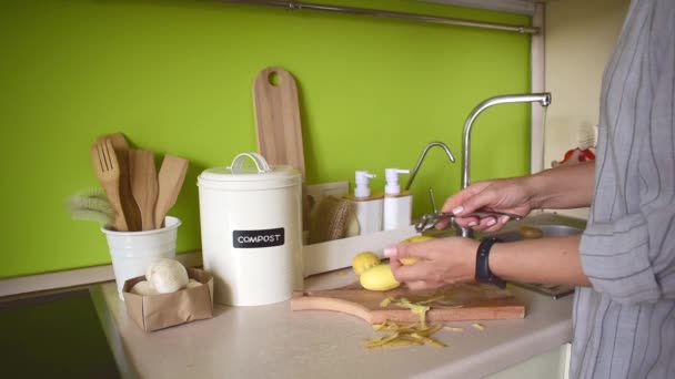 Mujer Adulta Pela Patatas Con Pelador Verduras Gente Vegetariana Interior — Vídeo de stock