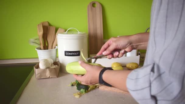 Adult Woman Peels Potatoes Vegetable Peeler People Vegetarian Home Kitchen — Stockvideo