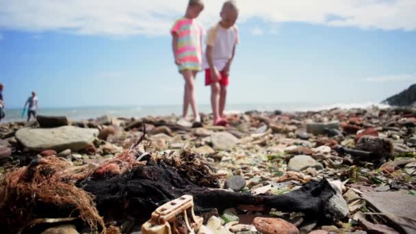 Dzieci Zbierają Odpady Wyrzucone Brzeg Morza Koncepcja Zanieczyszczenia Środowiska Problem — Wideo stockowe