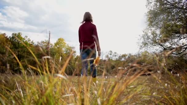 Ένα Κορίτσι Περπατά Αργά Κατά Μήκος Ενός Αγρού Φθινοπωρινό Γρασίδι — Αρχείο Βίντεο