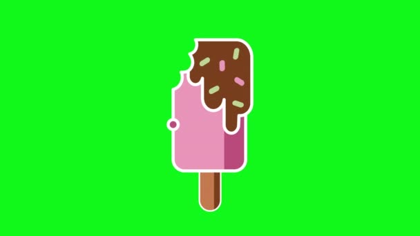 4k video of cartoon chocolate ice cream on a stick on green background. — Stock Video