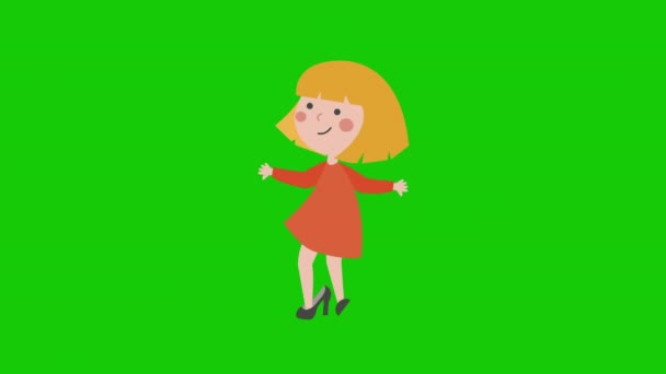 4k video of cartoon little girl wearing red dress trying on high hills. — Stock Video