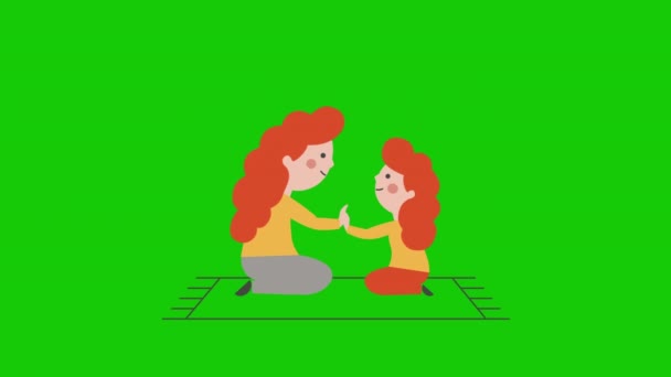 4k video van cartoon moeder en dochter personages op het tapijt. — Stockvideo