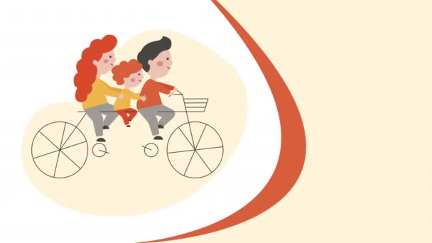 4k video de dibujos animados tres miembros de la familia en una bicicleta. — Vídeo de stock