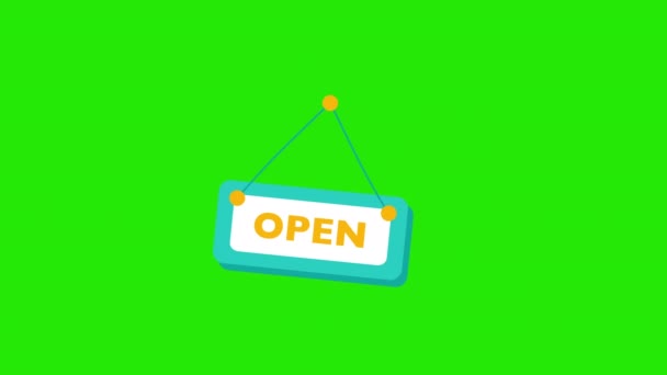 4k vídeo of cartoon signboard open for shop on green background. — Vídeo de Stock