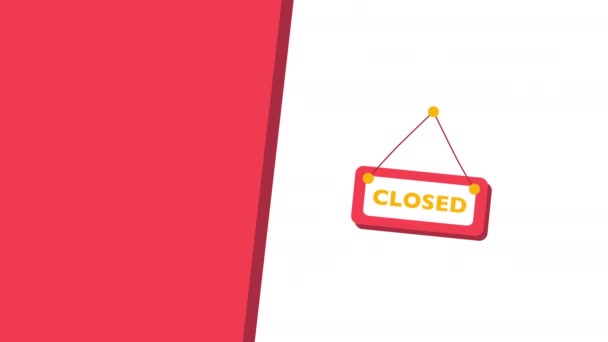 4k vídeo of cartoon signboard closed for shop on white and red background. — Vídeo de Stock