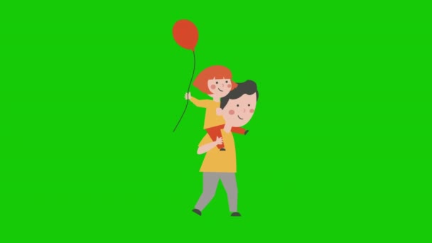 4k video de dibujos animados niña con globo rojo en el hombro de sus padres. — Vídeo de stock