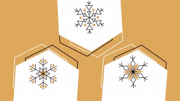 4k video de dibujos animados tres copos de nieve de diseño. — Vídeo de stock