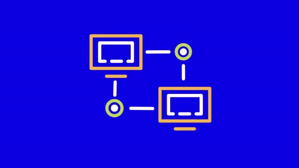 4k vídeo de dibujos animados dos dispositivos conectados entre sí en fondo azul. — Vídeo de stock