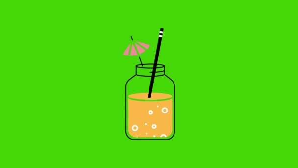 4k video de dibujos animados de bebidas de verano con una paja y paraguas de cóctel. — Vídeo de stock