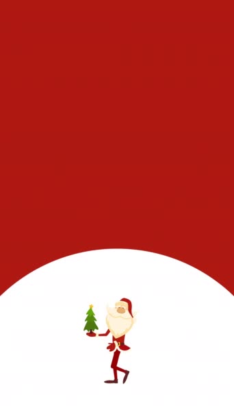 4k vídeo vertical de dibujos animados Santa Claus con pequeño árbol de Navidad sobre fondo blanco y rojo. — Vídeos de Stock