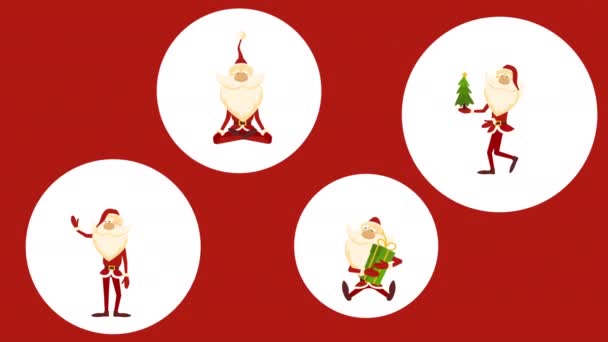 4k video van cartoon Santa Claus pictogrammen in witte cirkels. — Stockvideo