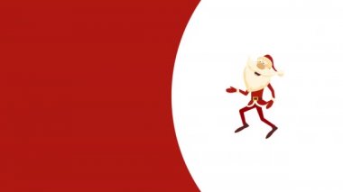 4k video of cartoon Santa Claus walking on red and white background.