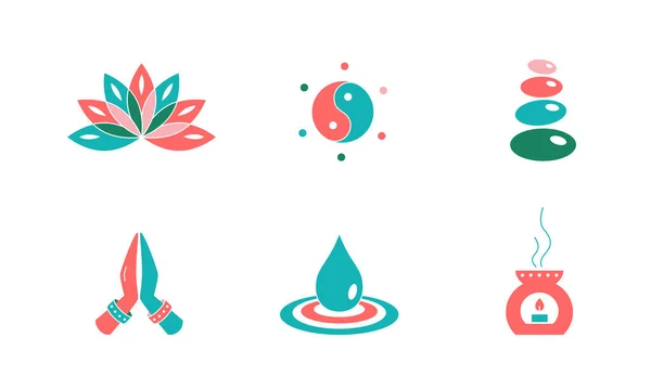 Vector illustration of cartoon yoga icons on white background.