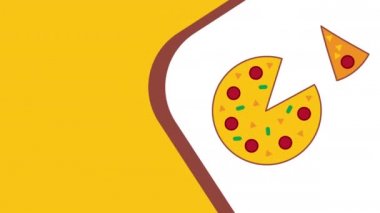 4k video of cartoon pizza on white and yellow background.