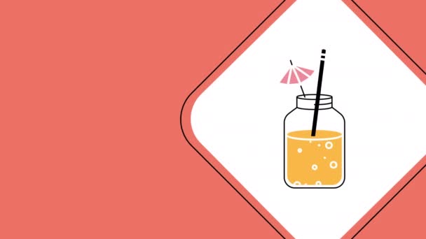 4k video de dibujos animados de bebidas de verano con una paja y paraguas de cóctel. — Vídeos de Stock