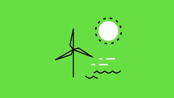 4k video di cartoni animati windwill, sole e acqua su sfondo verde. — Video Stock