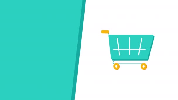 4k vídeo of cartoon shopping cart design on white and blue background. — Vídeo de Stock