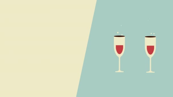 4k видео мультфильма два бокала вина на белом и синем фоне. — стоковое видео