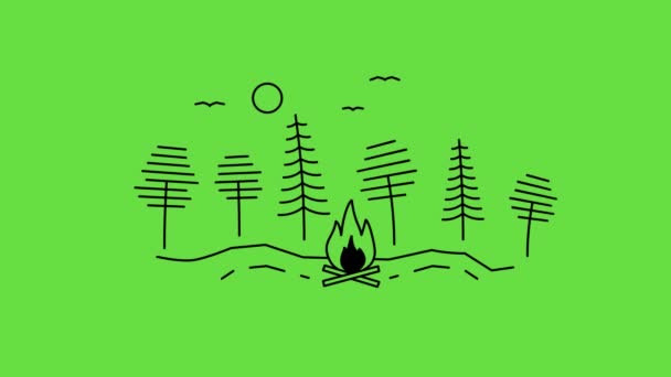 4k video van cartoon bomen en vreugdevuur op groene achtergrond. — Stockvideo