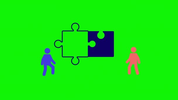 4k video de dos personajes poniendo dos puzzles juntos. — Vídeo de stock