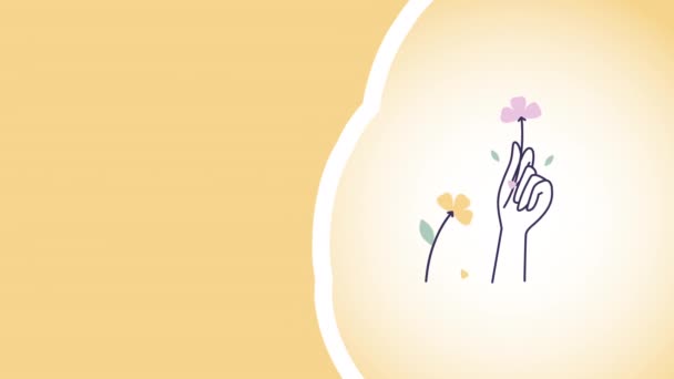 4k video of cartoon hand with flower on yellow background. — Stock Video