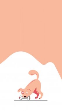 Beyaz arkaplanda kemiği olan çizgi film köpeğinin dikey videosu..