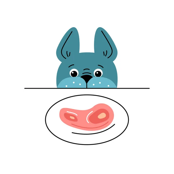 Ilustración vectorial de perro de dibujos animados mirando en el plato con filete sobre fondo blanco. — Archivo Imágenes Vectoriales