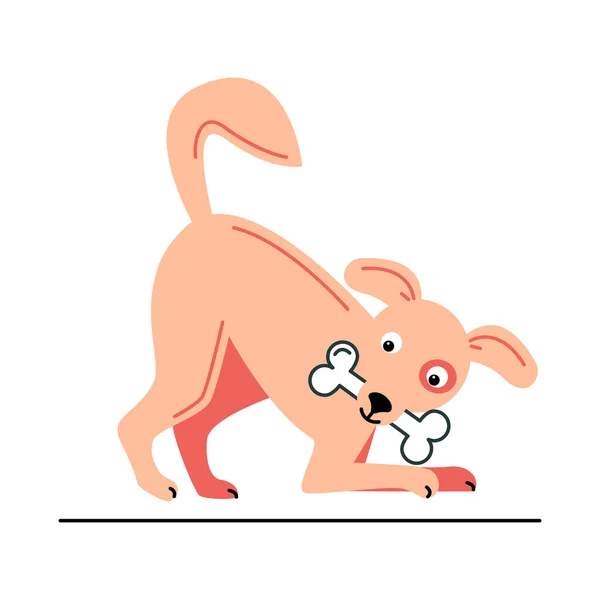 Ilustração vetorial de cão dos desenhos animados com osso na boca sobre fundo branco. — Vetor de Stock