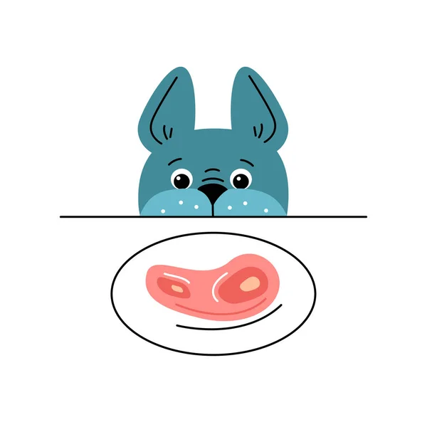 Vektor-Illustration des Cartoon-Hundes auf dem Teller mit Steak auf weißem Hintergrund. — Stockvektor