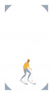 Beyaz zemin üzerinde çizgi film kayakçısı karakterinin dikey videosu.