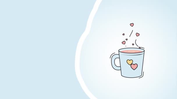 4k video of cartoon cup with hearts on blue background. — Stock Video