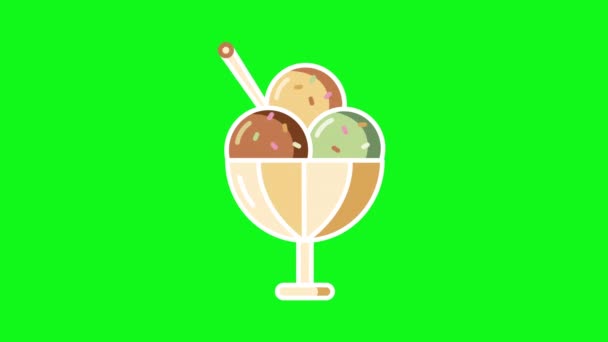 4k video of cartoon three balls of ice cream on green background. — Stock Video