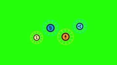 Yeşil arkaplanda 4k karikatür kripto para birimi simgeleri.