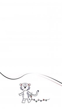 Beyaz zemin üzerinde çizgi film kaplanı 4k dikey video.