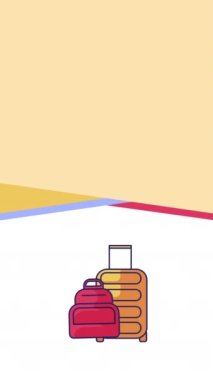 Çizgi film seyahat çantasının 4k dikey videosu ve tekerlekli modern bir bavul..