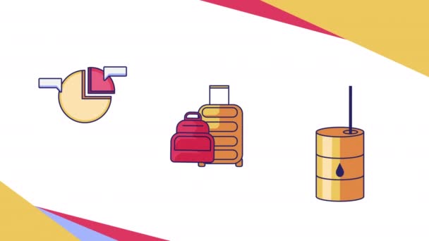 4k video de diagrama de dibujos animados, equipaje y barril de petróleo. — Vídeos de Stock