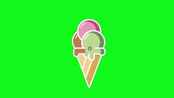 4k video of cartoon ice cream on green background. — стоковое видео