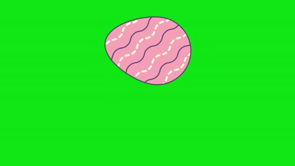 4k video of cartoon pink Easter egg design in flat style on green background. — Video
