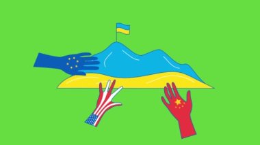 4k video of cartoon Ukrainian territory and hands of other nations all around.