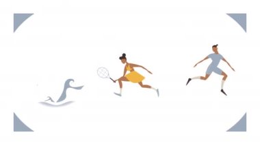 4k video of cartoon sport set icons on white background.