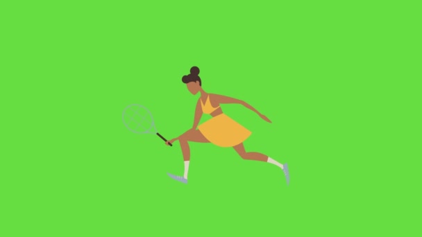 4k video van cartoon tennis speler karakter op groene achtergrond. — Stockvideo