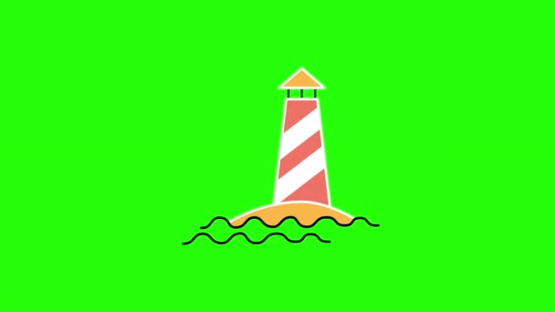 4k video van cartoon vuurtoren aan de kust op groene achtergrond. — Stockvideo