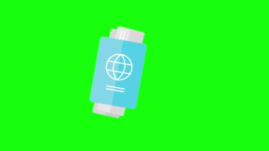 Çizgi film pasaportu ve yeşil arka planda biletlerin 4k videosu.