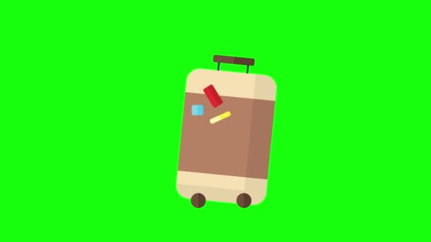 4k video of cartoon travel suitcase on wheels on green background. — Stock Video