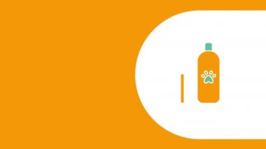 Sarı beyaz arka planda karikatür şampuanı ve tarak 4K video. Hayvan bakımı kavramı.