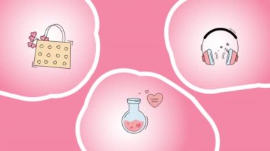 Pembe arka planda karikatür çantası, kulaklık ve romantik ikonaların 4K videosu. Romantik set kavramı.