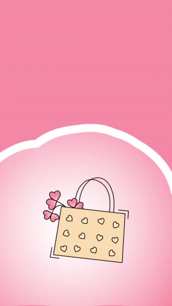 ピンクの背景にフラットスタイルで心を持つバッグの4K垂直ビデオ バレンタインデーの贈り物の概念 — ストック動画