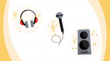 Beyaz arka planda karikatür müzik aletlerinin 4k videosu. Festival seti kavramı.